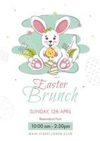 Pasen brunch uitnodiging, sjabloon of folder ontwerp met tekenfilm konijn Holding kuiken vogel en evenement details. vector