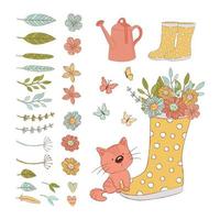 tuinman kat voorjaar zorg accessoires vector illustratie reeks