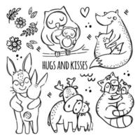 knuffels en kusjes monochroom tekenfilm vector illustratie reeks