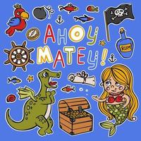 meermin en dino marinier piraat tekenfilm sticker verzameling vector