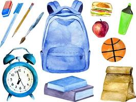 waterverf school- benodigdheden met rugzak, pen, potlood, rubber, boeken vector