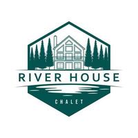 hand- getrokken huis en bomen logo ontwerp. rivier- huis chalet embleem. luxe echt landgoed logo. vector