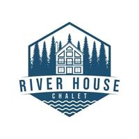 hand- getrokken huis en bomen logo ontwerp. rivier- huis chalet embleem. luxe echt landgoed logo. vector