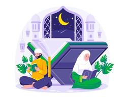 moslim paar lezing en aan het studeren de koran in de moskee gedurende Ramadan kareem met een reusachtig koran achtergrond. vector illustratie in vlak stijl