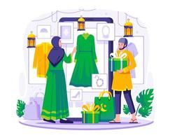 moslim mensen zijn boodschappen doen online door groot een smartphone. een vrouw is kiezen moslim kleren in een online op te slaan. Ramadan uitverkoop en boodschappen doen concept illustratie vector