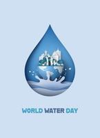 wereld en stad in waterdruppel. wereld water dag concept vector