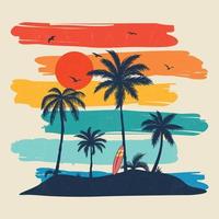 zonneschijn strand, zomer strand zonneschijn vector afdrukken ontwerp kunstwerk,. wijnoogst retro stijl strand surfer zomer paradijs. vector palm boom, zonsondergang, zonsopkomst, surfplank, vector grafisch afdrukken ontwerp.