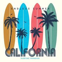 Californië surfing paradijs eindeloos zomer . zonneschijn strand, zomer strand zonneschijn vector afdrukken ontwerp kunstwerk. elk gevoel t-shirt kunstwerk. palm boom, chare grafisch afdrukken ontwerp. surfboard zomer.