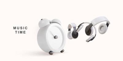 3d wit realistisch klok en hoofdtelefoons - muziek- tijd concept. vector illustratie.