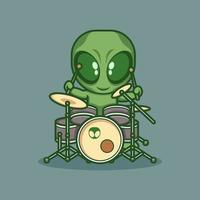 schattig tekenfilm buitenaards wezen spelen drums vector