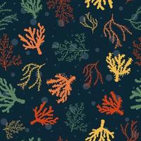 oceaan en zeeleven naadloos patroon met koralen en algen. botanische en tropische repetitieve achtergrond met onderwaterplanten en bellen. zomer thematisch ontwerp met riffen en zeebodem.