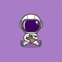 schattig tekenfilm astronaut aan het eten ramen noedels vector
