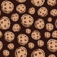 naadloze patroon van chocoladeschilferkoekjes. repetitieve achtergrond van zoete ronde koekjes met bruine room bovenop.
