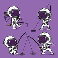 schattig tekenfilm astronaut sport visvangst vector