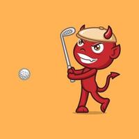 schattig tekenfilm duivel spelen golf vector