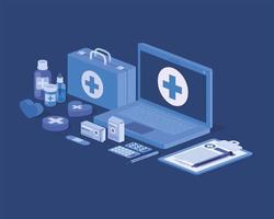 laptop telegeneeskundedienst met medische kit en medicijnen vector
