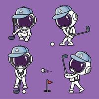 schattig tekenfilm astronaut spelen golf vector
