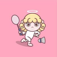 schattig tekenfilm engel spelen badminton vector