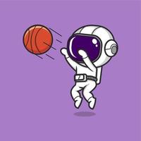 schattig tekenfilm astronaut spelen basketbal vector