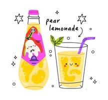 schattig Peer bootle en glas. geïsoleerd. vector tekenfilm karakter hand- getrokken stijl illustratie. kawaii glimlachen limonade.hand getrokken schattig vector voor web, ontwerp, afdrukken