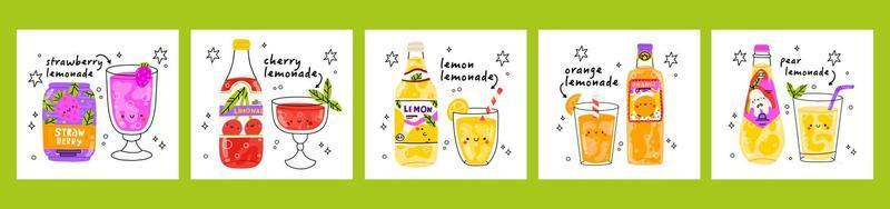 reeks van 5 poster van schattig limonades. geïsoleerd. vector tekenfilm karakter hand- getrokken stijl illustratie. kawaii glimlachen limonade.hand getrokken schattig vector voor web, ontwerp, print, geïsoleerd Aan wit.