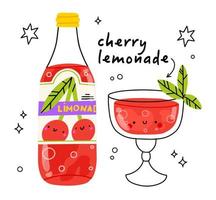 schattig kers bootle en glas. geïsoleerd. vector tekenfilm karakter hand- getrokken stijl illustratie. kawaii glimlachen limonade.hand getrokken schattig vector voor web, ontwerp, afdrukken