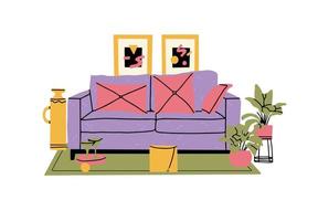 leven kamer interieur met bank, planten en huis decoraties. comfortabel en knus lounge gemeubileerd in modieus Scandinavisch stijl. gekleurde vlak vector illustratie geïsoleerd Aan wit achtergrond