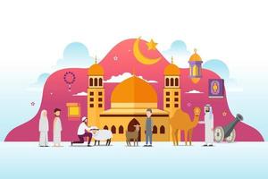 eid adha mubarak met het ontwerpconcept van het kleine mensenkarakter vector