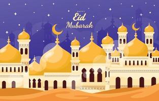 gelukkige eid mubarak-moskee met gloeiende ster vector