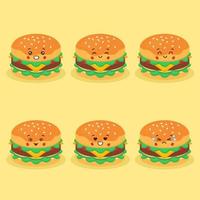 schattige hamburger met verschillende expressiesets vector