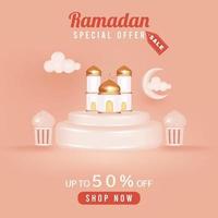 realistisch 3d Ramadan kareem uitverkoop met schattig podium en moskee vector