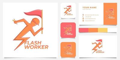 flash man met vlag en moersleutel, en helm-logo dragen met sjabloon voor visitekaartjes vector