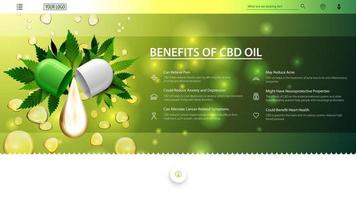 groen een witte webbanner voor website met druppel cbd-olie en groene bladeren van cannabis op de achtergrond van oliedruppels. medische toepassingen voor cbd-olie, voordelen van gebruik cbd-olie. vector
