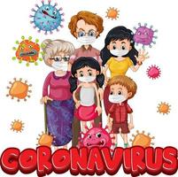 leden van de familie dragen masker met coronavirus-lettertype vector