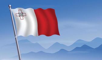 Malta vlag met achtergrond van bergen en lucht vector