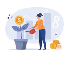 investering geld en financiën concept. vrouw groeit geld boom. vector illustratie.