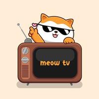kat met oud televisie - schattig oranje kat koel met zonnebril bovenstaand TV wijnoogst vector