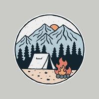 natuur camping vreugdevuur en berg ontwerp voor insigne, sticker, lapje, t overhemd ontwerp, enz vector