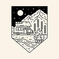 camping Aan de wild natuur en opgewarmd door vreugdevuur mono lijn ontwerp voor insigne, sticker, lapje, t overhemd ontwerp, enz vector