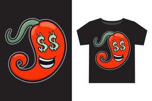 hand- getrokken grappig gekruld rood Chili met dollar teken ogen tekenfilm illustratie voor t overhemd ontwerp vector