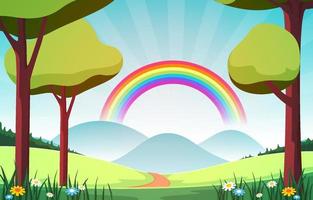 mooie regenboog in de zomer natuur landschap landschap illustratie vector