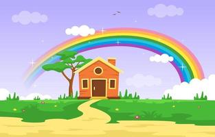 huisje met regenboog zomer natuur landschap illustratie
