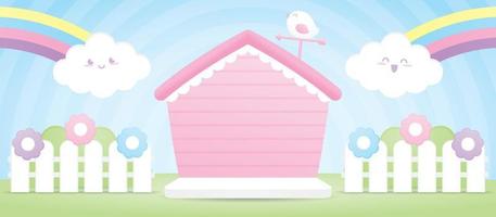 schattig kawaii roze huis vorm backdrop Scherm stadium met gelukkig wolk en vogel 3d illustratie vector voor zetten baby Product of kind voorwerp