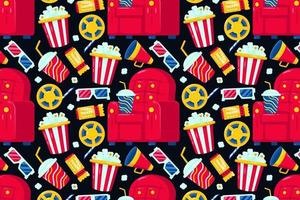 film nacht. stoelen, popcorn, drankjes, 3d bril, en ticket patronen vector