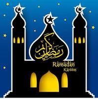 Ramadan kareem groet met moskee en hand- trek schoonschrift belettering, vector illustratie