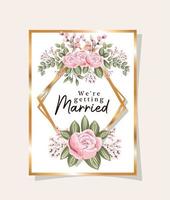 bruiloft uitnodiging met gouden frame roze bloemen en bladeren vector ontwerp