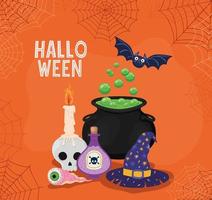 Halloween heksenketel, hoed en gif met spinnenwebben frame vector ontwerp