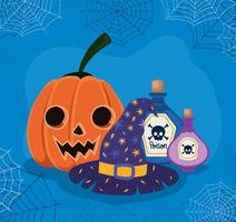 halloween pompoen, heksenhoed en gif met spinnenwebben frame vector ontwerp