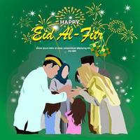 gelukkig eid al-fitr is een ander taal voor gelukkig eid mubarak in Indonesië. moslim familie zegen eid al-fitr naar grootouders en andere uitgebreid familie vector