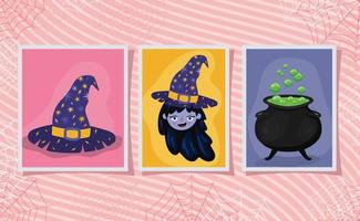 halloween heks, hoed en ketel in frames vector design